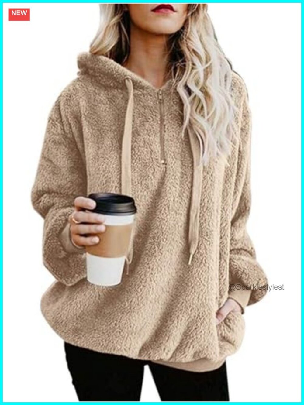 Oversized Sherpa Fleece Hoodie Pullover Quarter Zip with Pockets